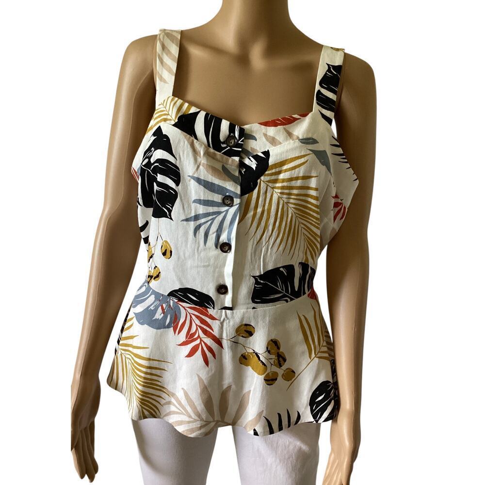 Monteau Women's Floral Print Tank Top Sleeveless button-front ‎ peplum hem XL